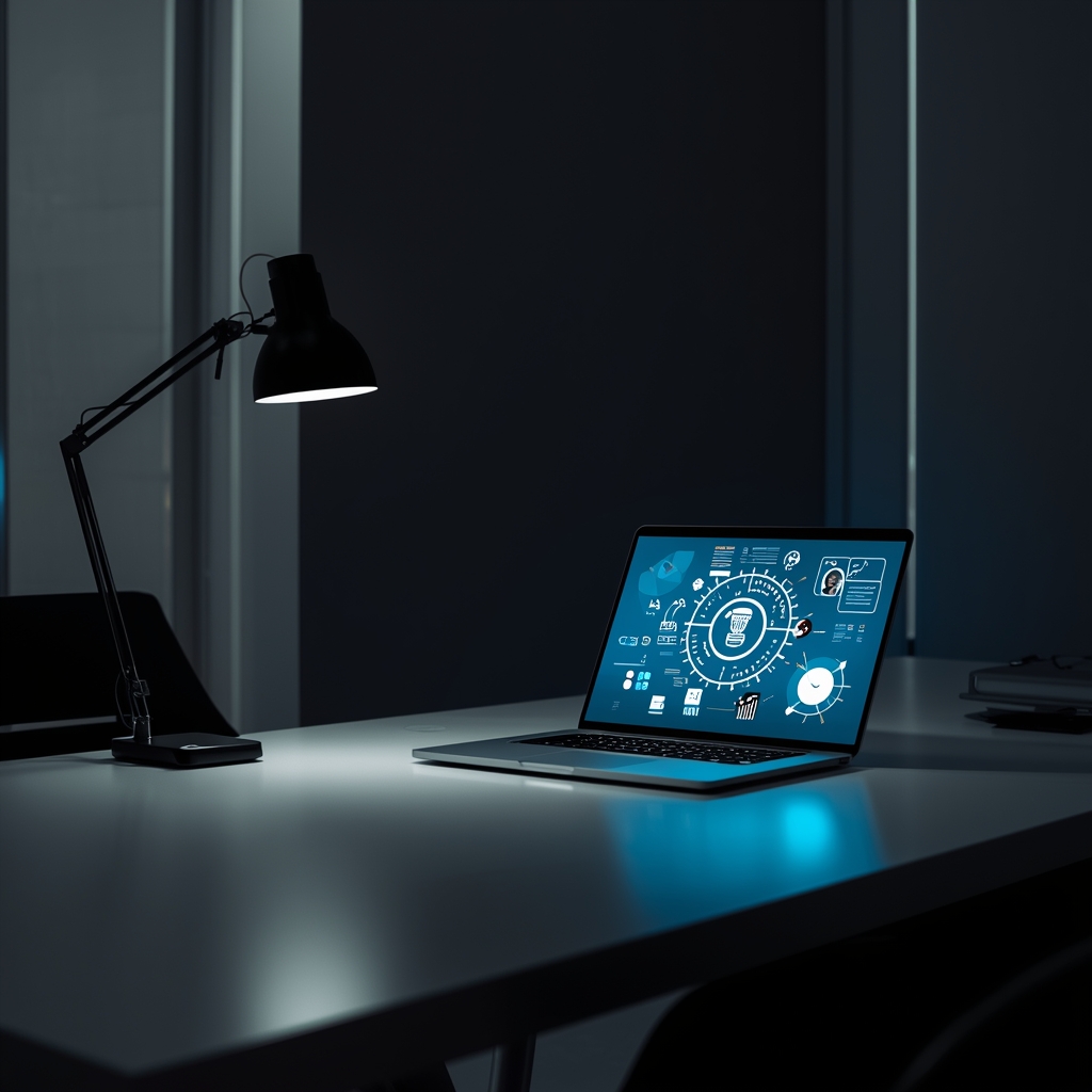 A sleek modern office desk with a glowing laptop displaying business ideas, minimalist, cinematic lighting, no people