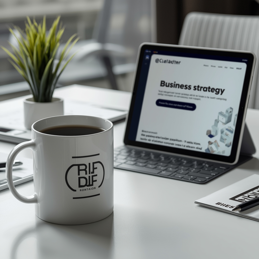 A modern smart workspace, coffee mug, digital tablet showing business strategy, professional aesthetic, no people